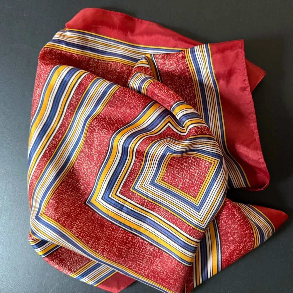 Vintage Red Geometric Square Scarf Yellow Blue Striped Border Silky Neck‎ Scarf